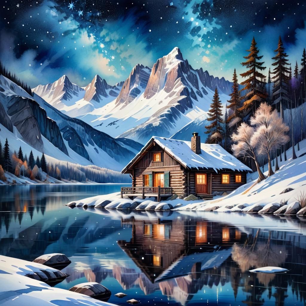 Snowy Cabin Illustration with Starry Sky