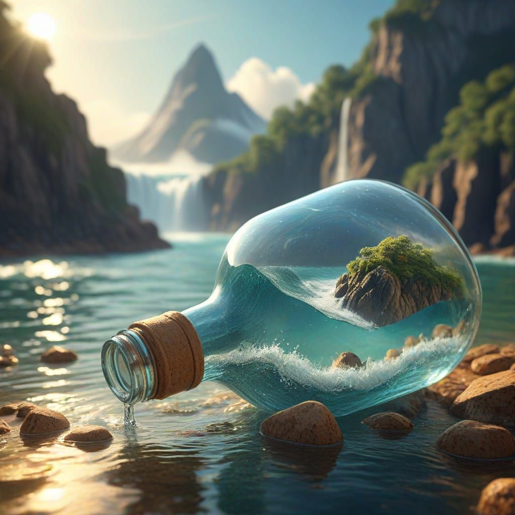 Surreal Glass Bottle Containing Miniature Waterfall