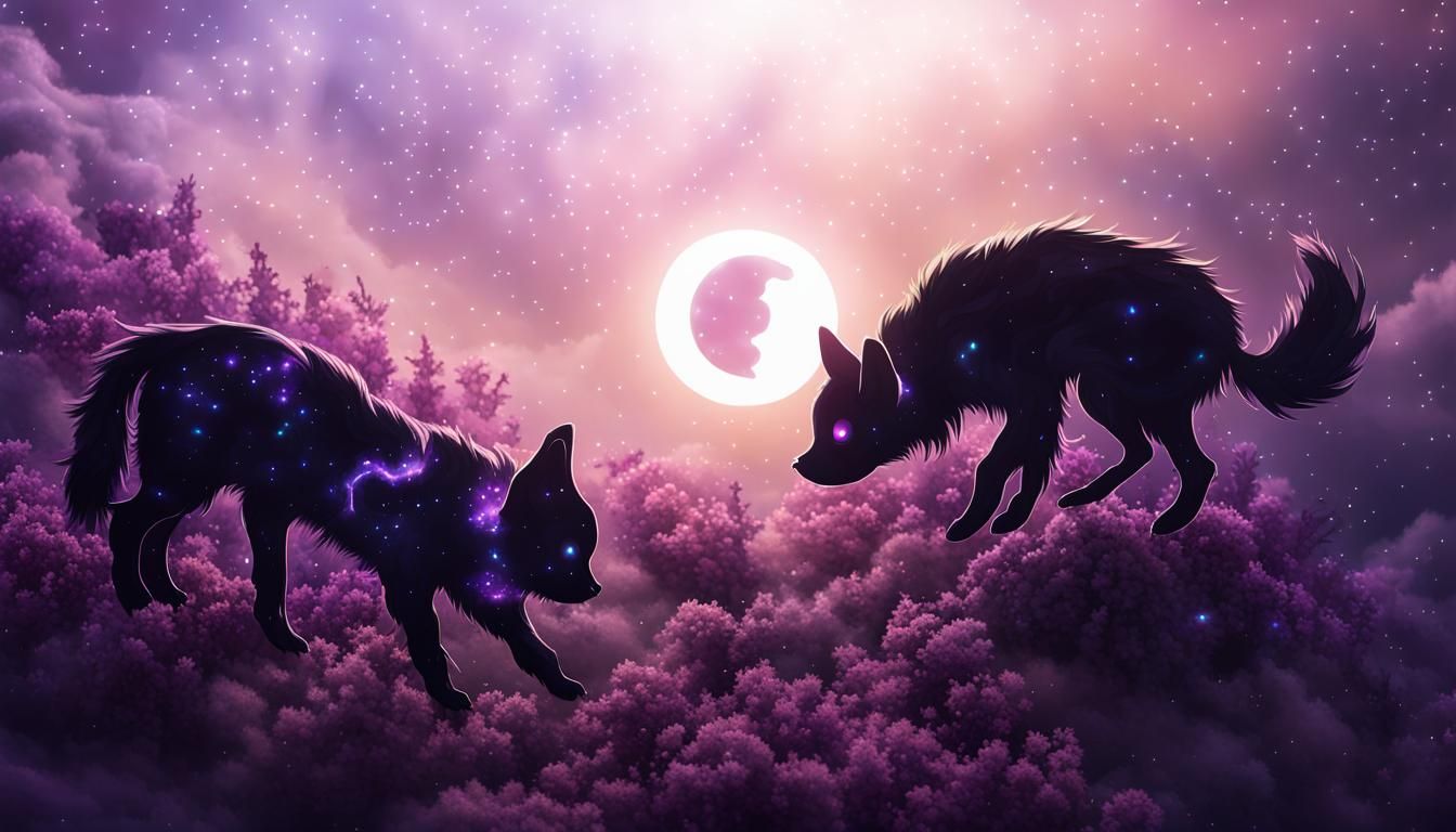 Ethereal Yin Yang Foxes in Front of Eclipse