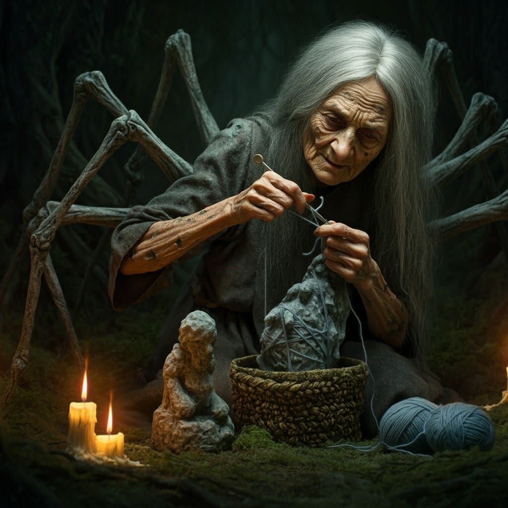 Spider Crone Knitting Statue in Dark Surrealism