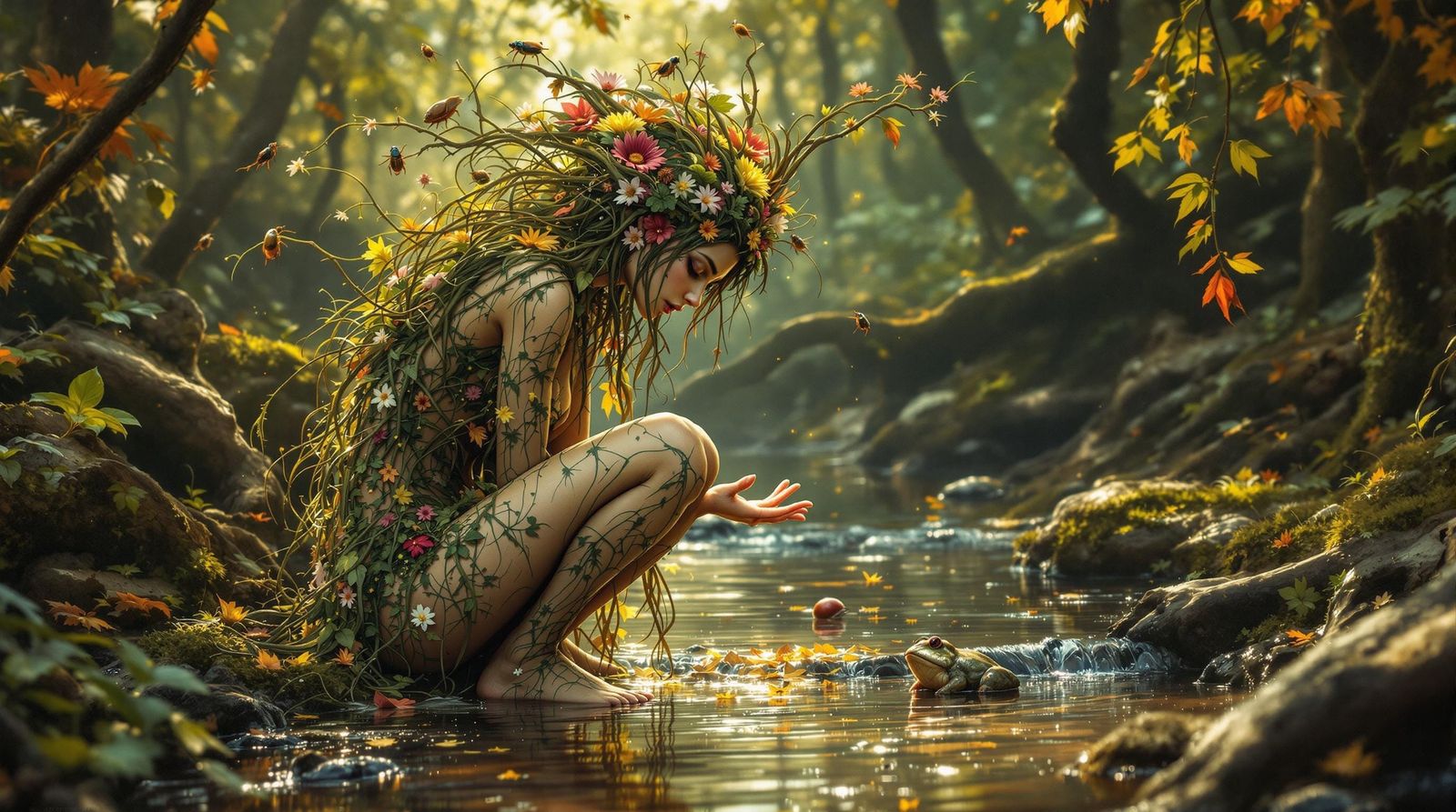 A wild, untamed nature fairy wearing a miss dress, with wing...