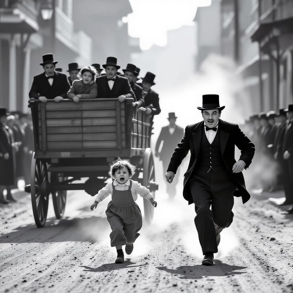 Chaplin Chases Wagon in Dramatic Silent Film Scene