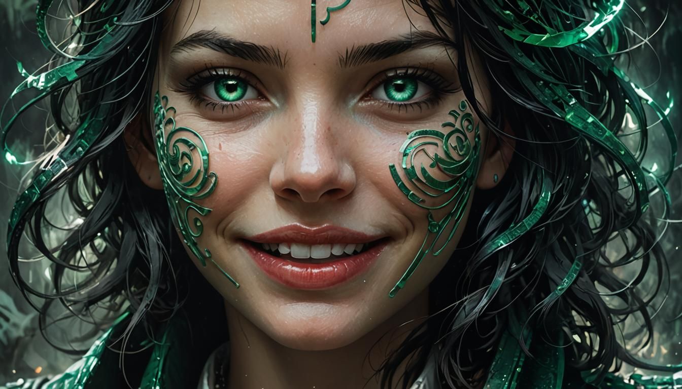 Emerald Fire Labyrinth Smile in Splash Art Style