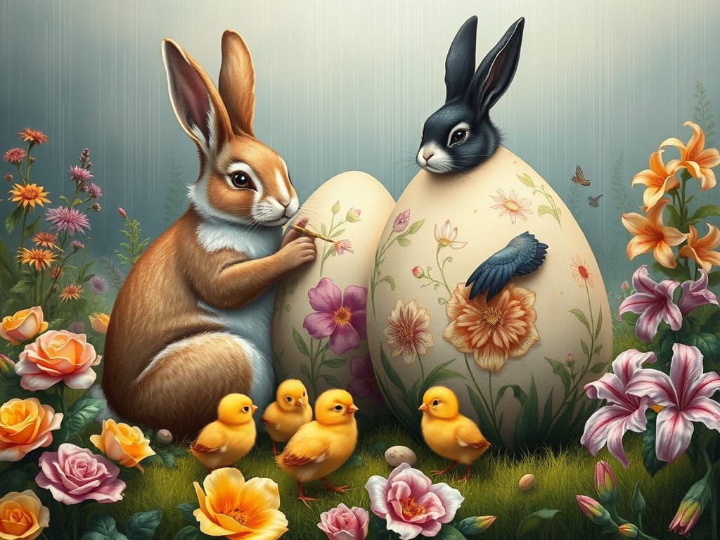 Bunnies and Chicks Painting Easter Eggs in Art Nouveau Style