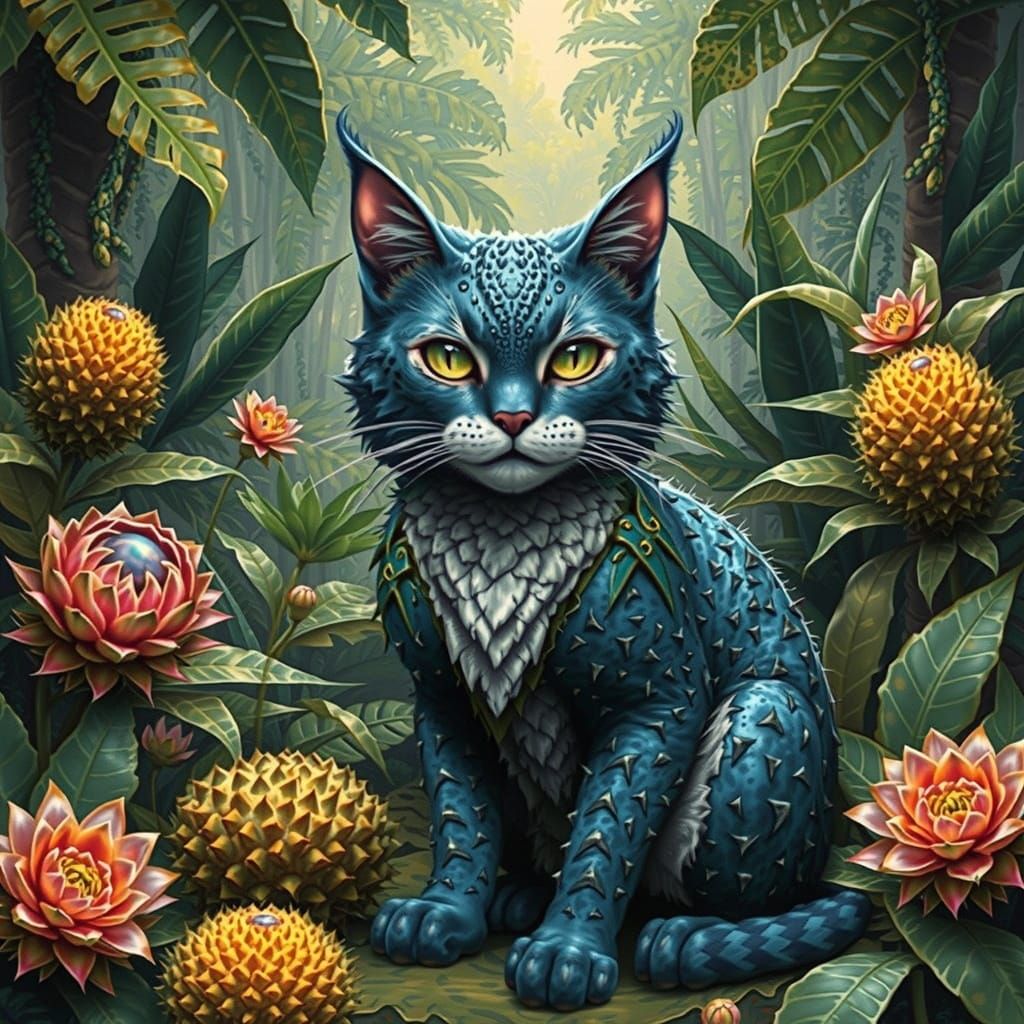 Feline Durian Goddess in Vibrant Tropical Dreamscape