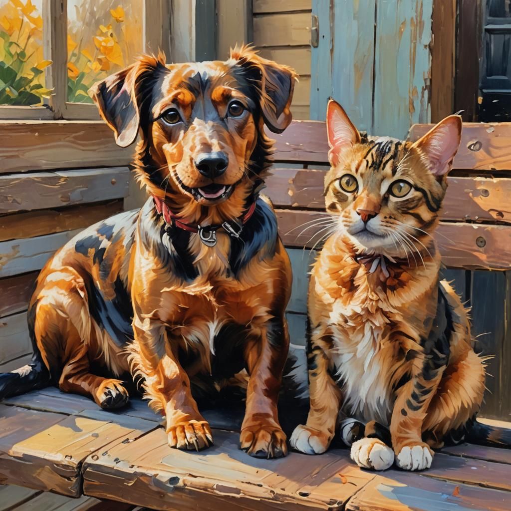 Smiling Dachshund and Cat in Impressionist Oil Painting
