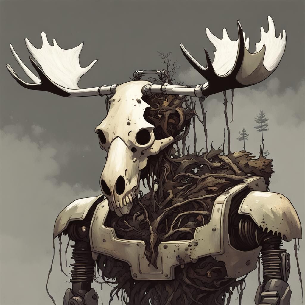 Robot with Moose Skull in Forest, Sinister Art