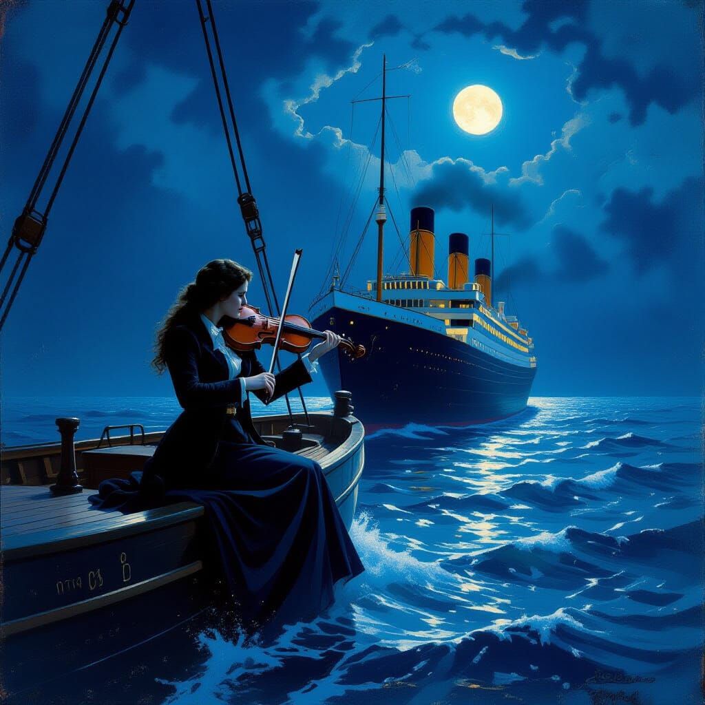 Violinist on Titanic Bow in Moonlight