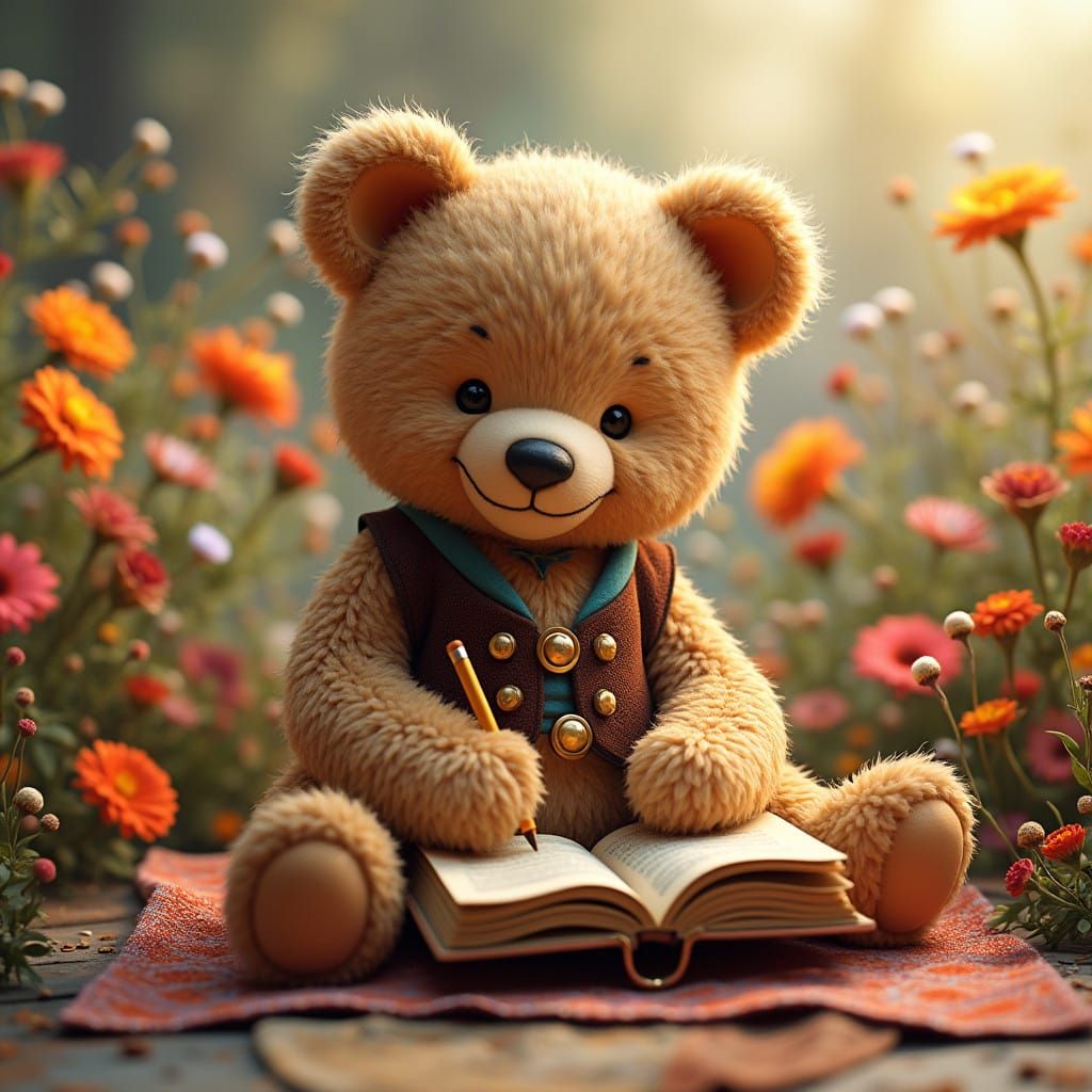 Sitting Teddy Bear Surrounded by Whimsical Wildflowers, Colo...