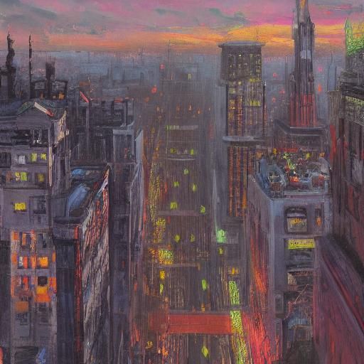 Fluorescent Vampire in Twilight Cityscape: Surreal Neon Art