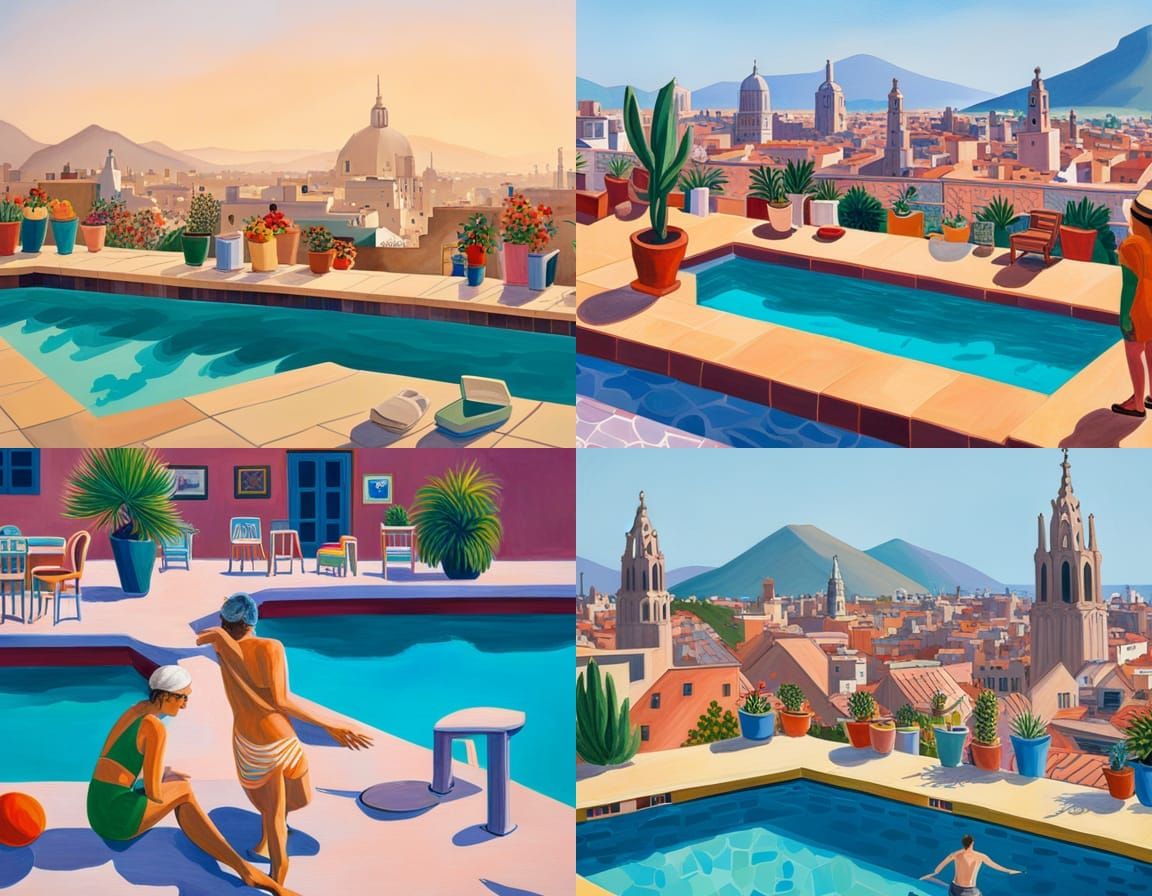 Barcelona Rooftop Pool in David Hockney Style