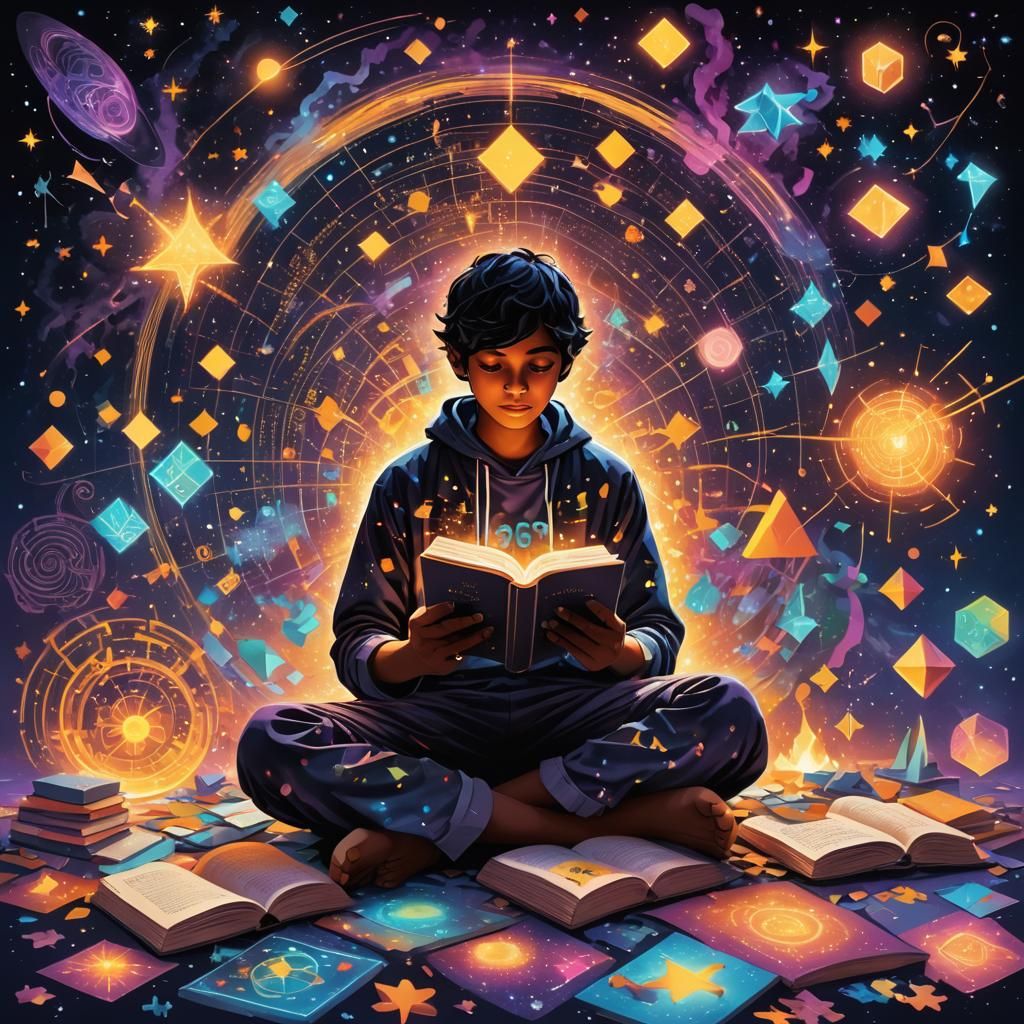 Cosmic Indian Boy Reading: Astral Projection Illustration