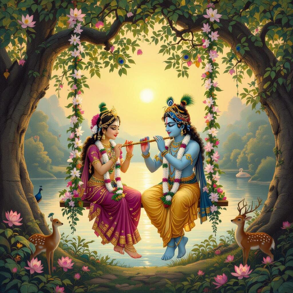 Radha and Krishna in Vrindavan, Traditional Indian Art