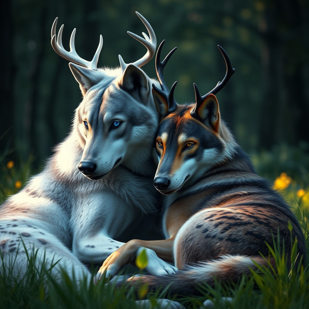 Deer Wolves Embrace in Fantasy Woodland