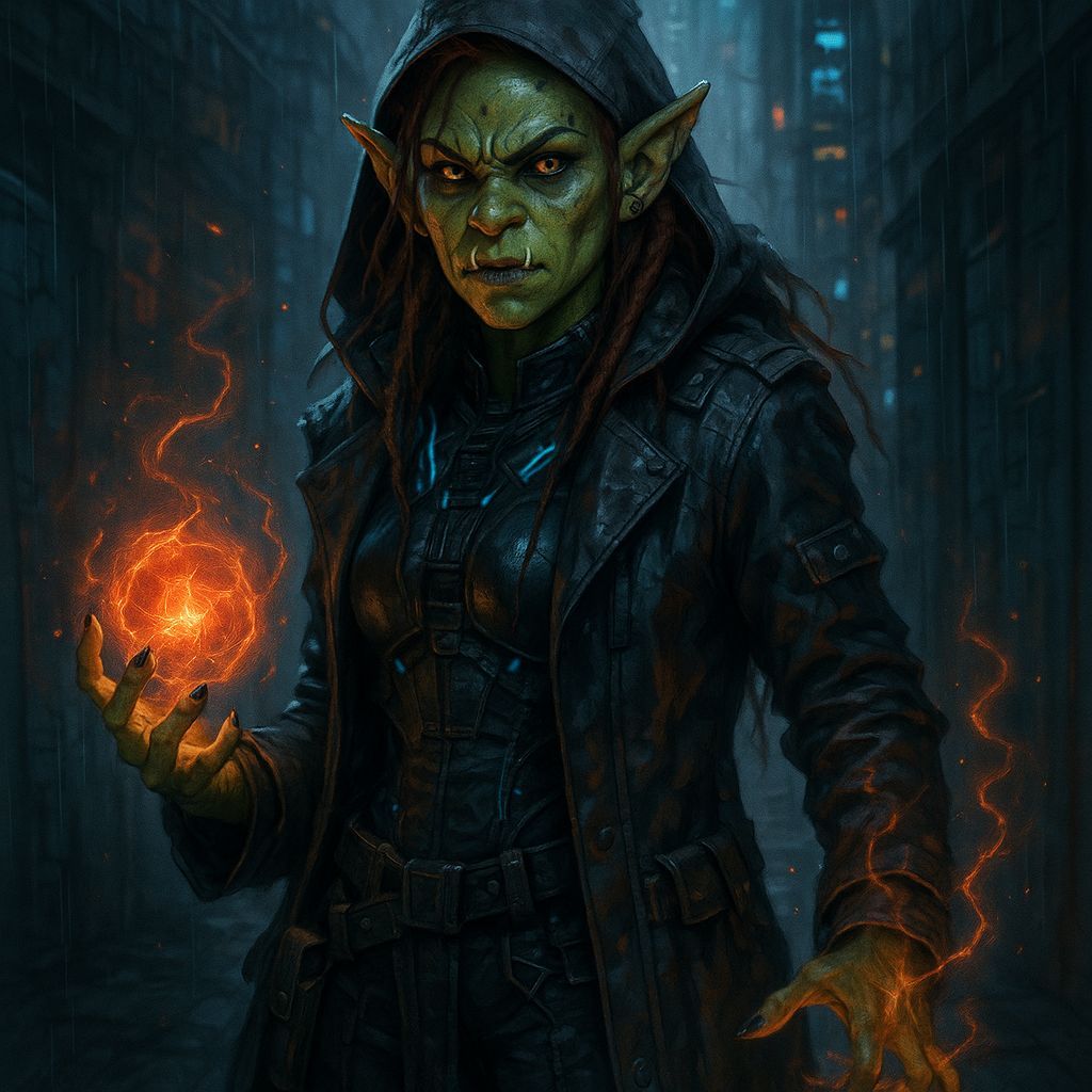 Shadowrun Female Hobgoblin Spellcaster in Cyberpunk Style