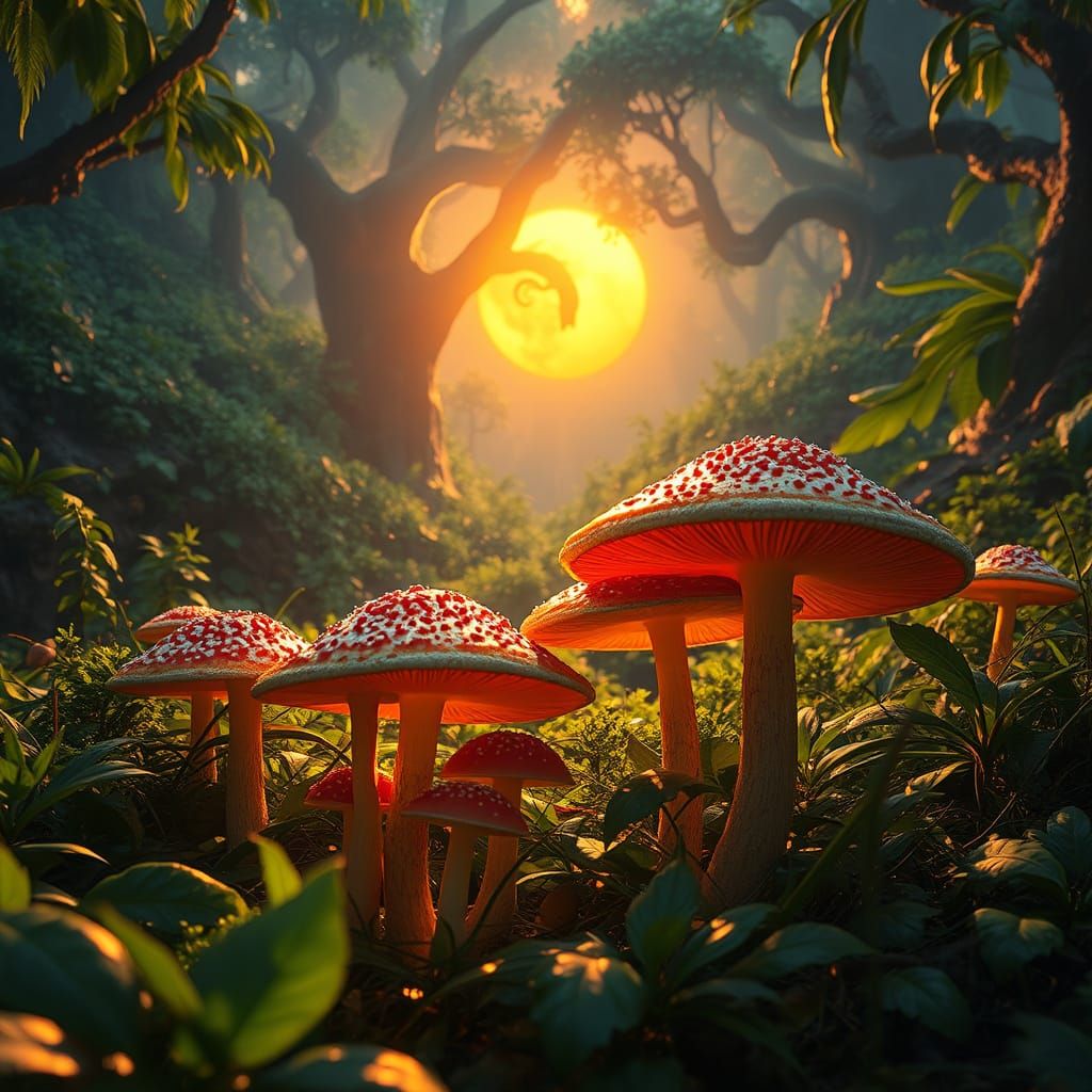 Vibrant Jungle Mushrooms in Golden Light