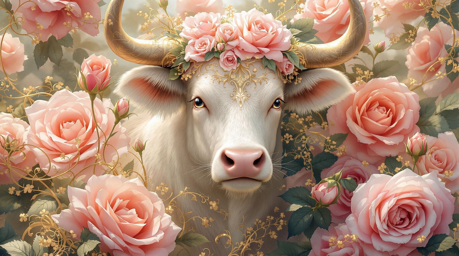 Dainty Bull Surrounded by Roses in Whimsical Art