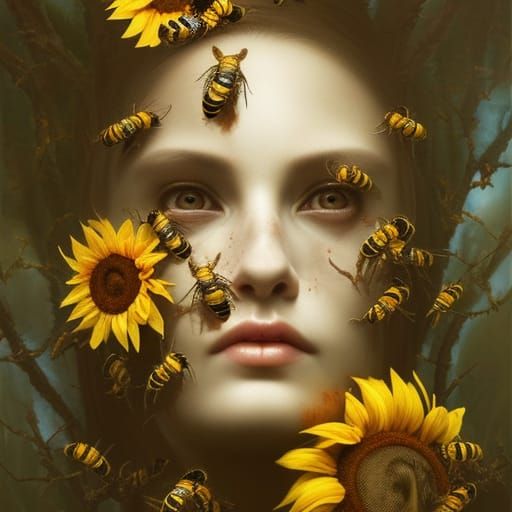 Tree Skull with Sunflowers and Bees: Dark Fantasy Art