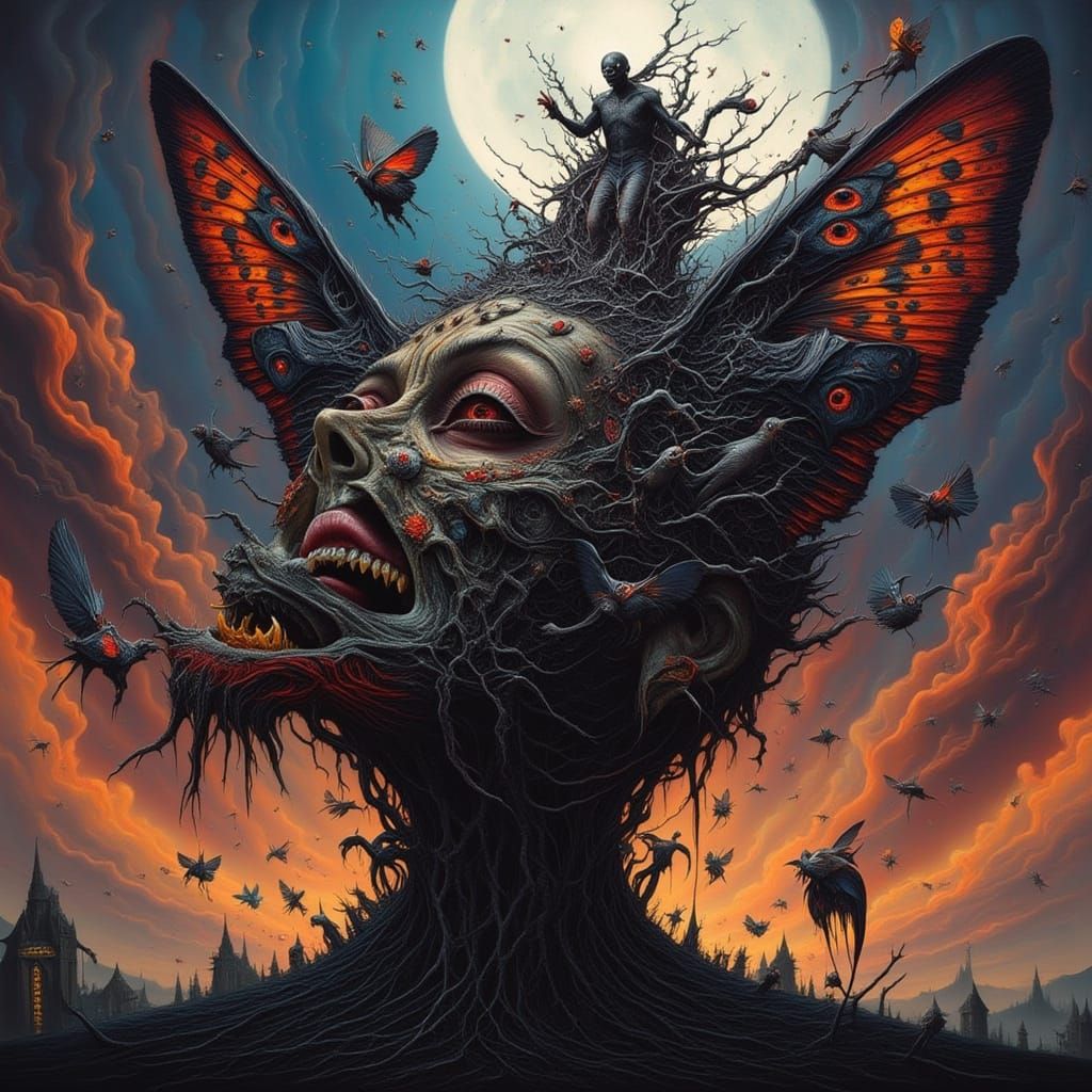 Man Erupts from Fractal Face in Chaotic Rainbow Kingdom