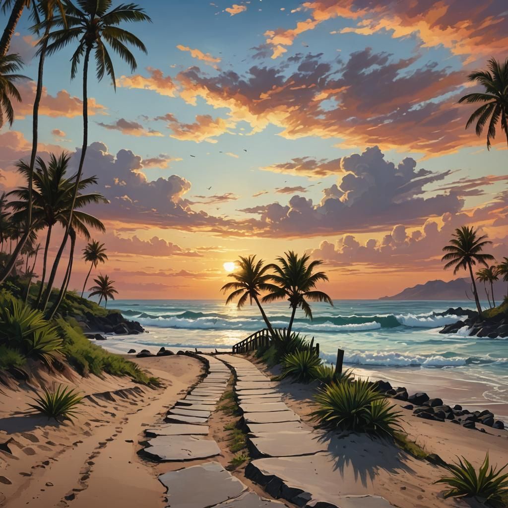 Sunrise Sea Path With Palm Trees