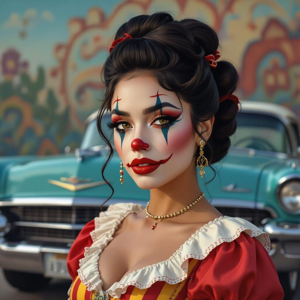 Chicana Payasa Poses by Lowrider Car
