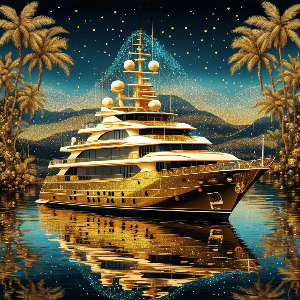 Golden Baroque Yacht Landscape with Glittering Details