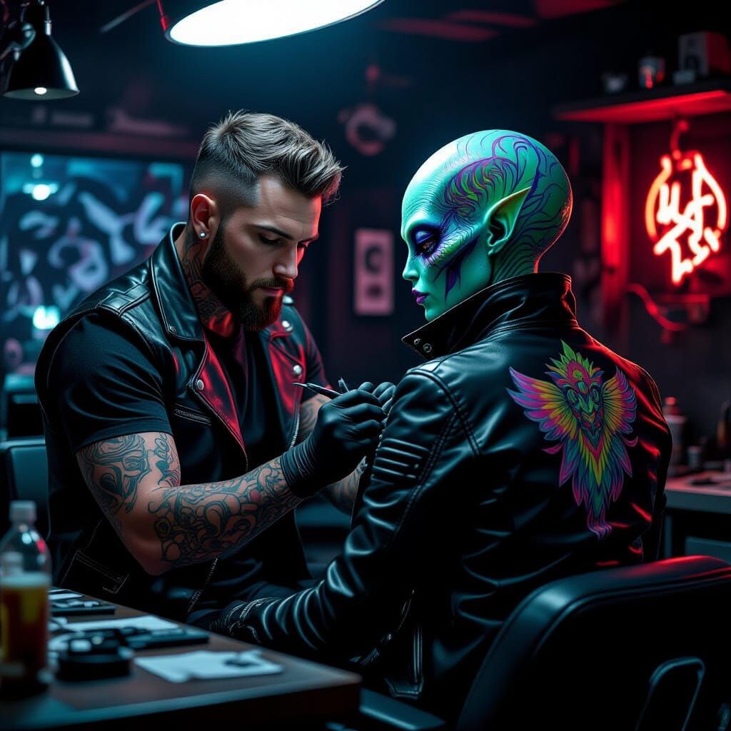 Alien Tattoo in Dark Futuristic Studio