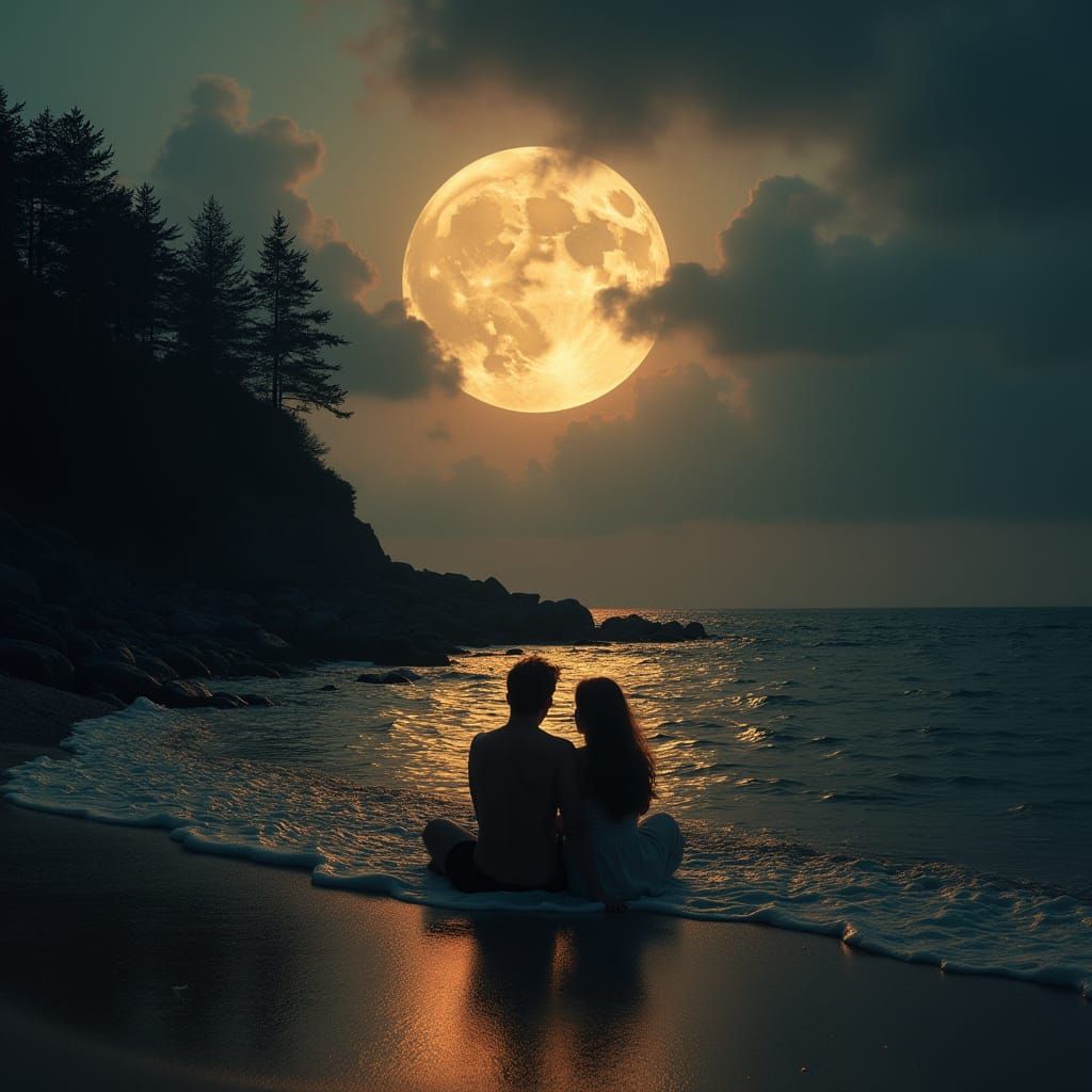 Romantic Beach Scene Under Full Moon, Cinematic Style