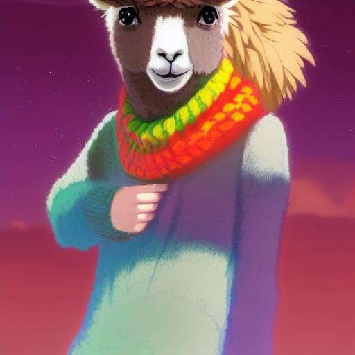 Alpaca in Hat and Scarf, Anime Style