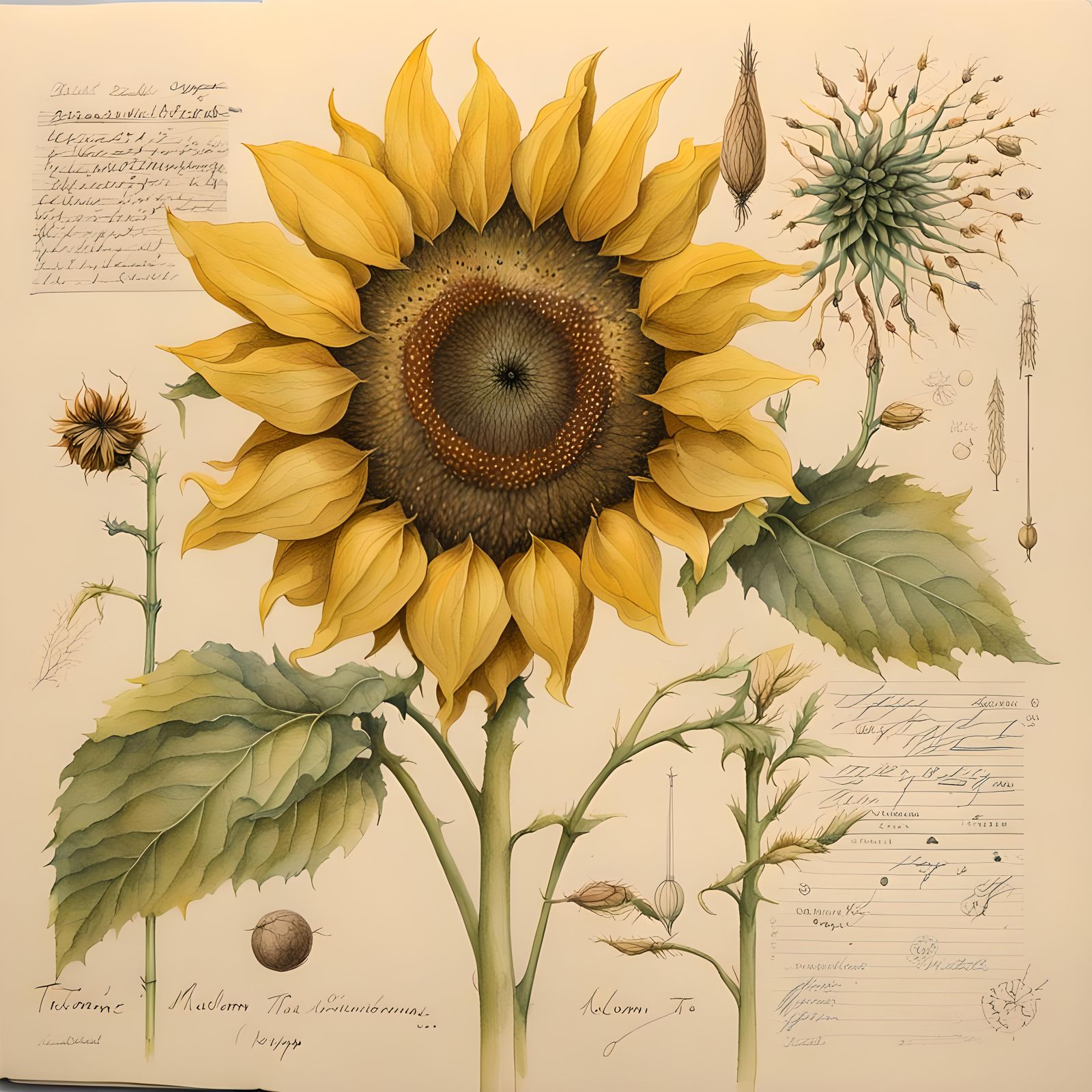 Victorian Sunflower Botanical Illustration in Watercolor