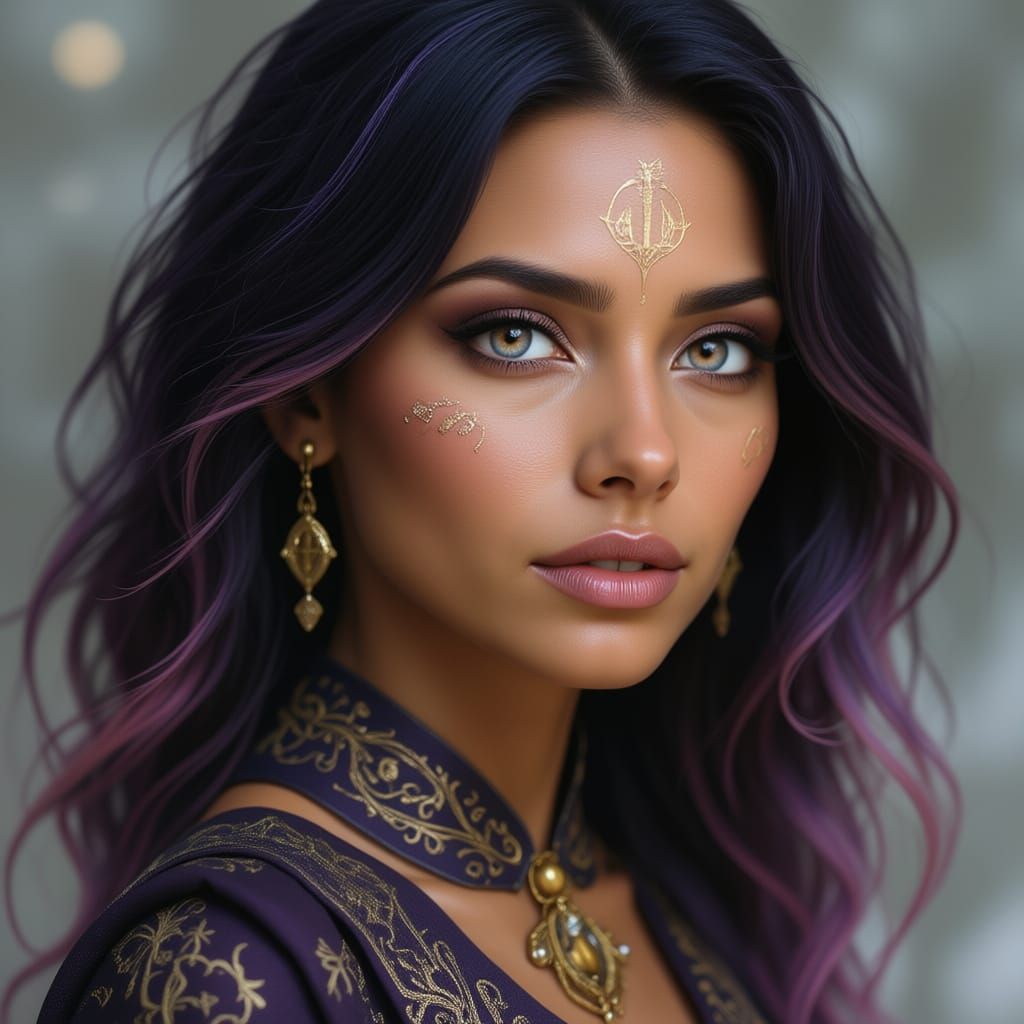 Mature Oracle Woman with Two-Toned Hair and Rune Eyes