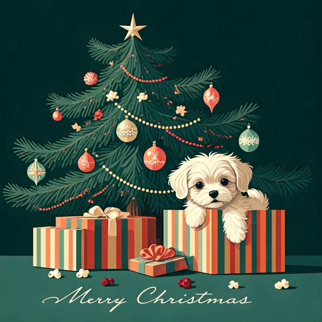 Teacup Maltese Puppy's Mid-Century Christmas Morning