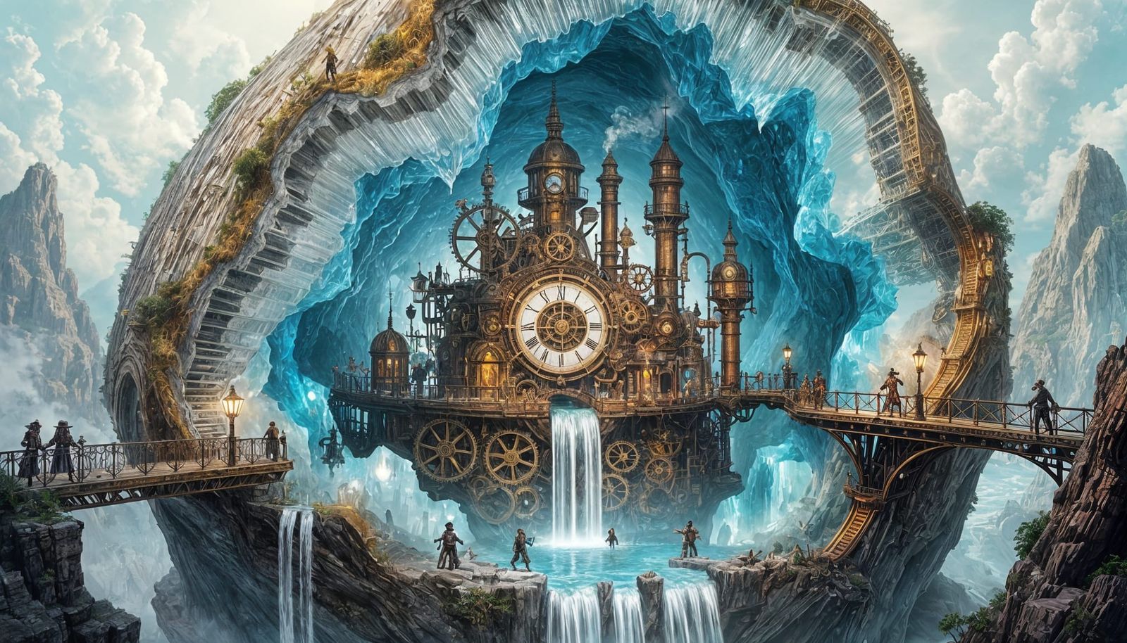 Whimsical Clockwork Geode City with Steampunk Mechanics