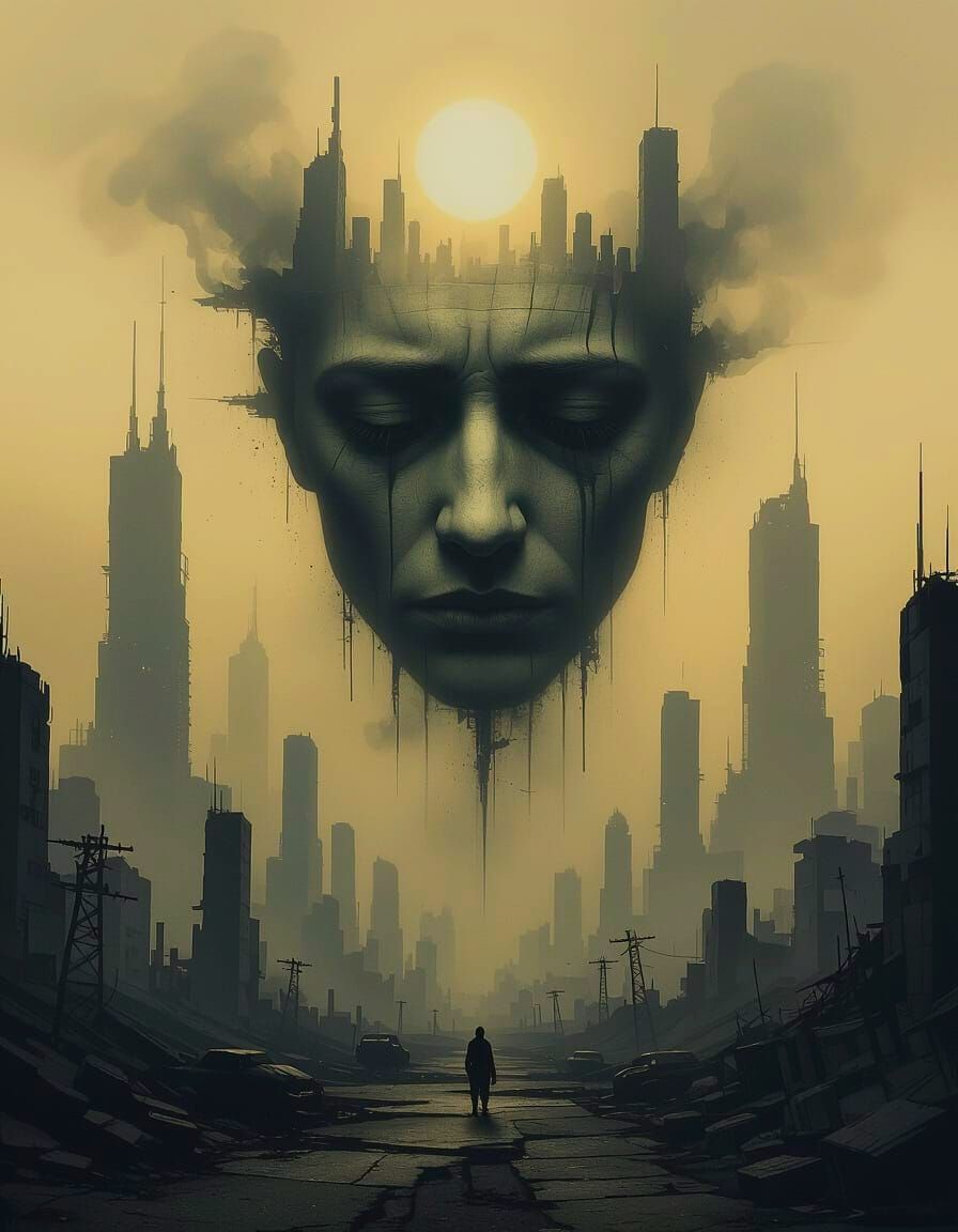 Sad Face Over Dystopian Cityscape