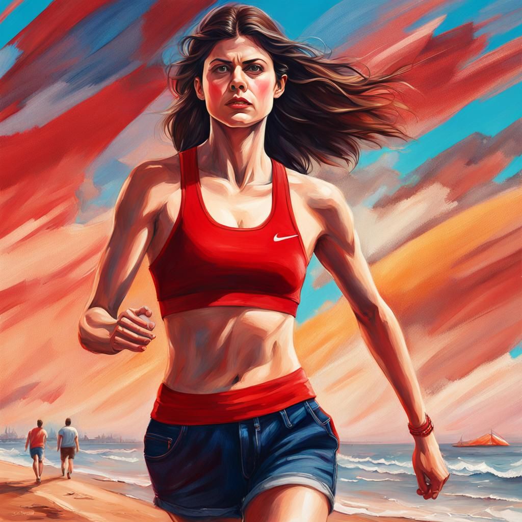 Woman in Red Sports Bra on Beach, Hyperrealistic Art