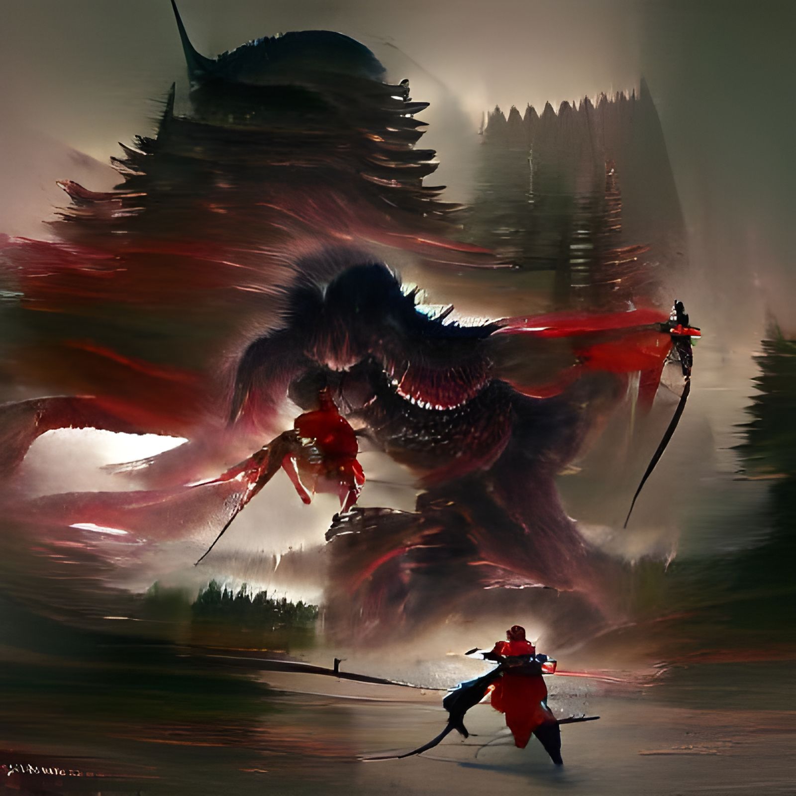 Samurai in Red Armor Battles Giant Monster