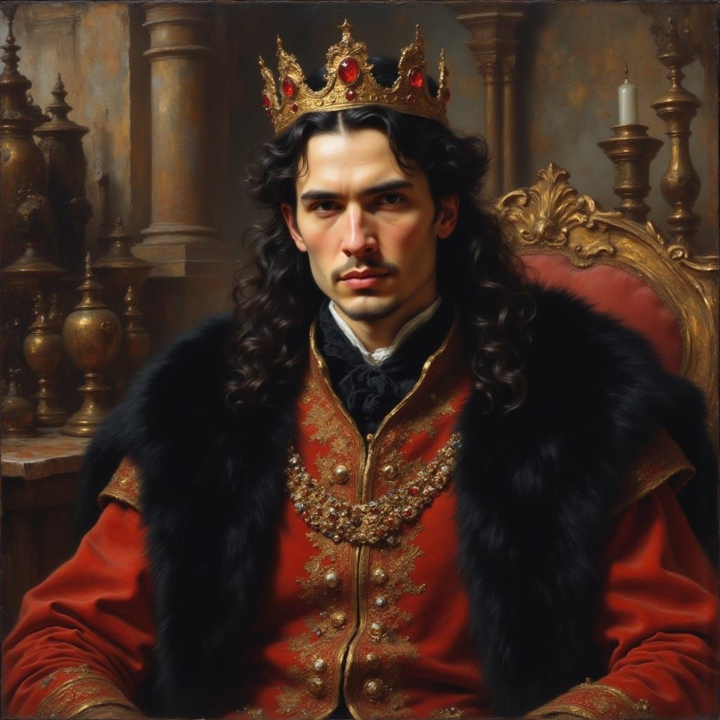 King in Lavish Hall: Rembrandt-Style Oil Painting