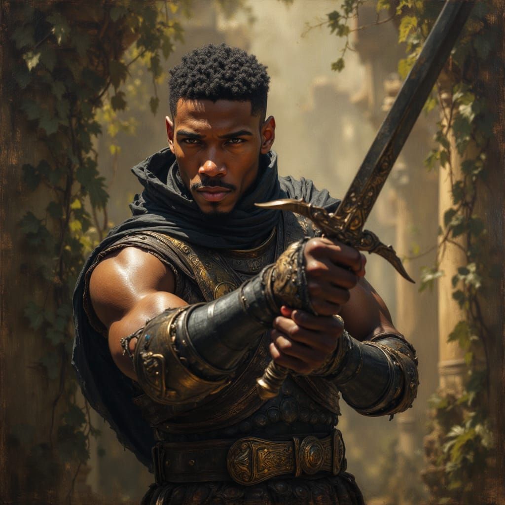 African Warrior God in Futuristic Armor, Oil Painting Style