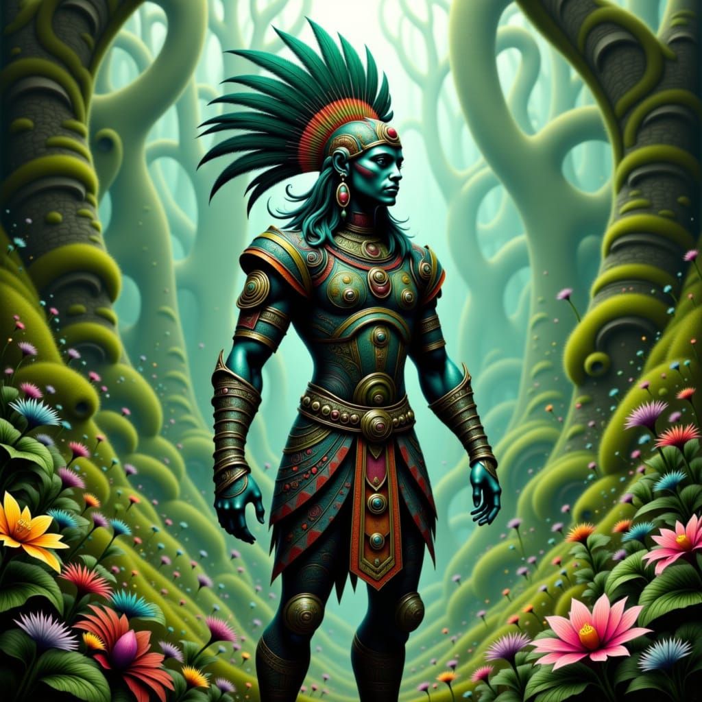 Aztec Warrior in Mystical Jungle, Digital Art
