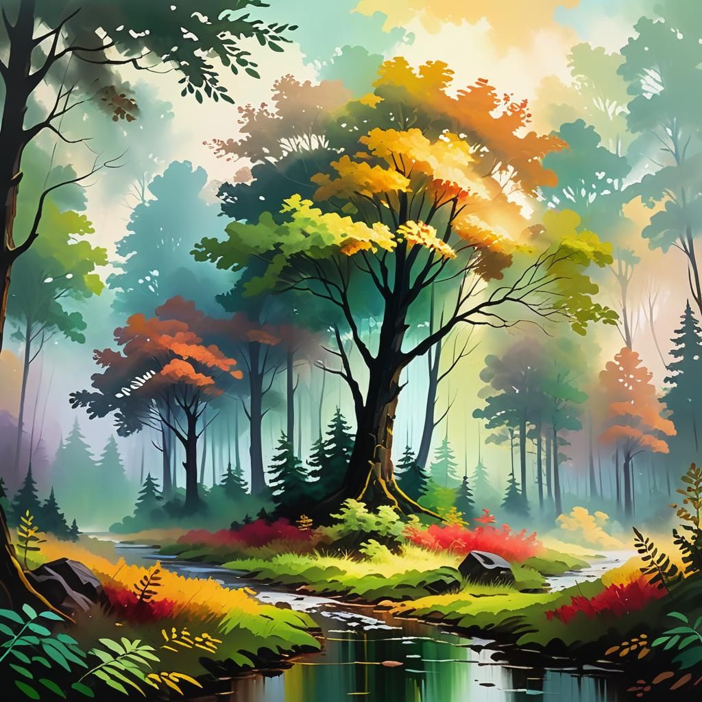 Lush Forest in Impasto Oil Painting Style