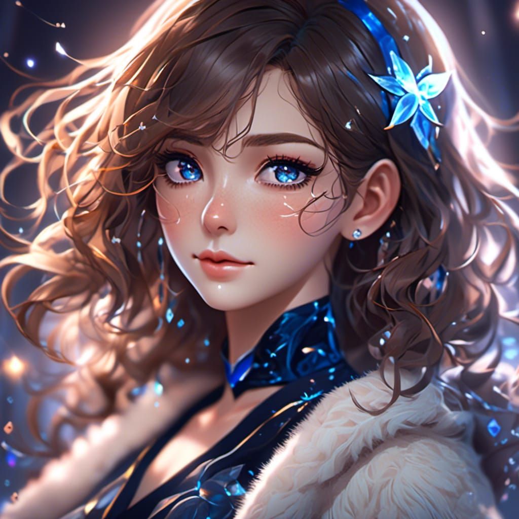 Hyperrealistic Portrait of Smiling Woman with Blue Eyes