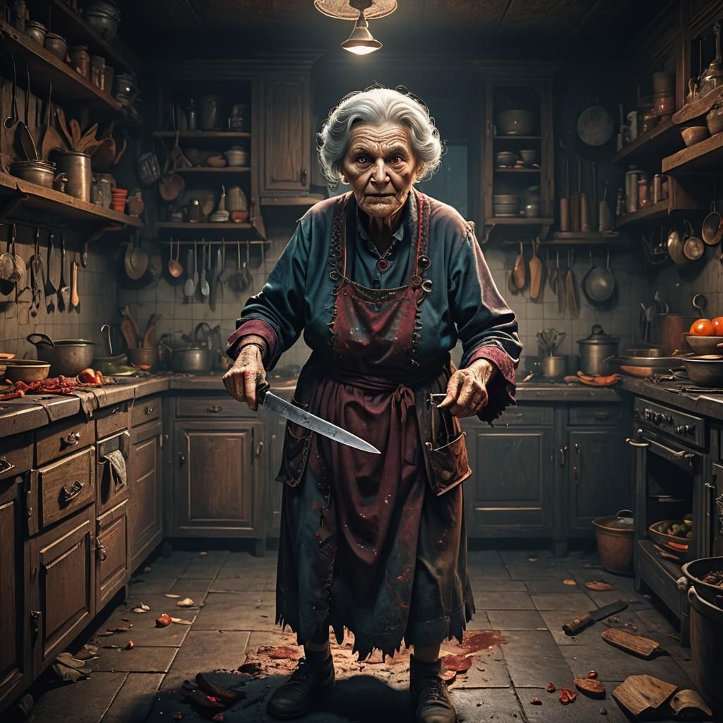 Ominous Old Woman with Knife: Dark Kitchen Art