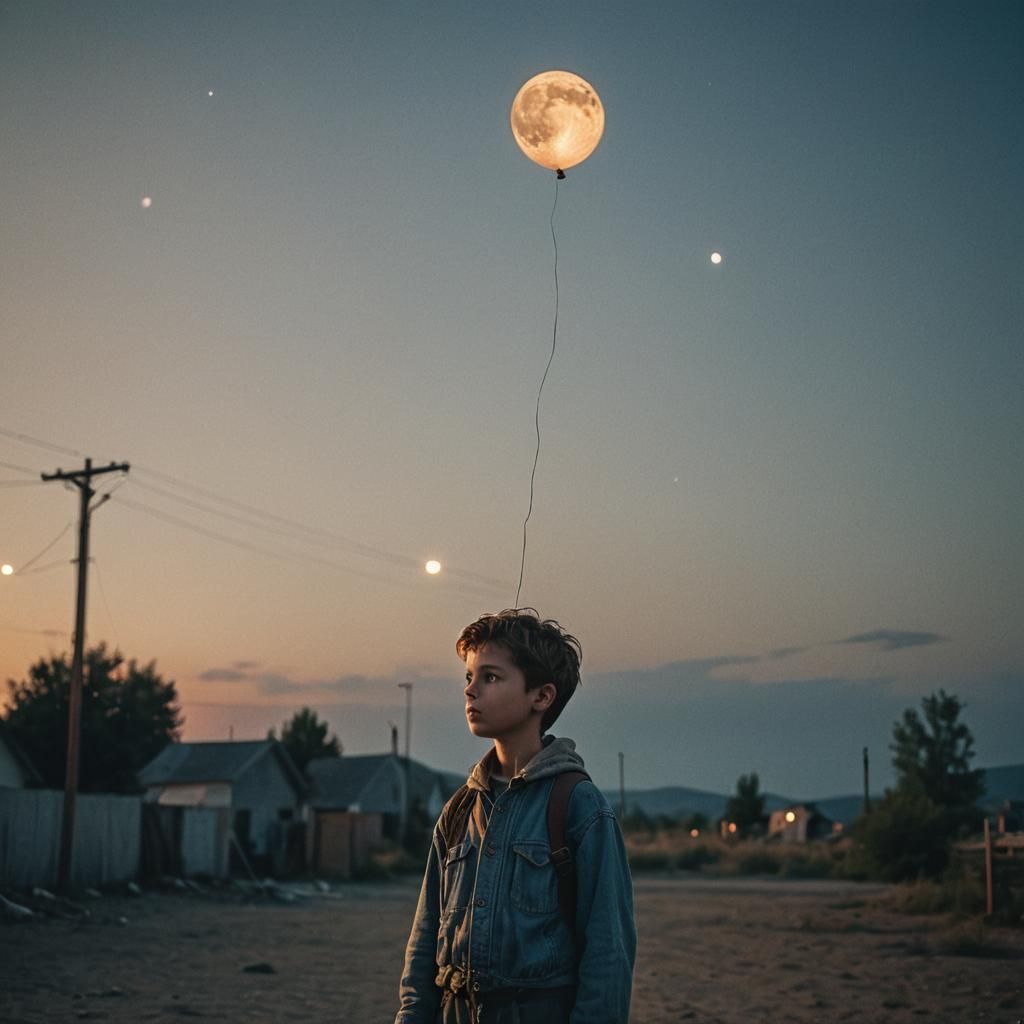 Boy Holds Moon Balloon: Cinematic Film Still