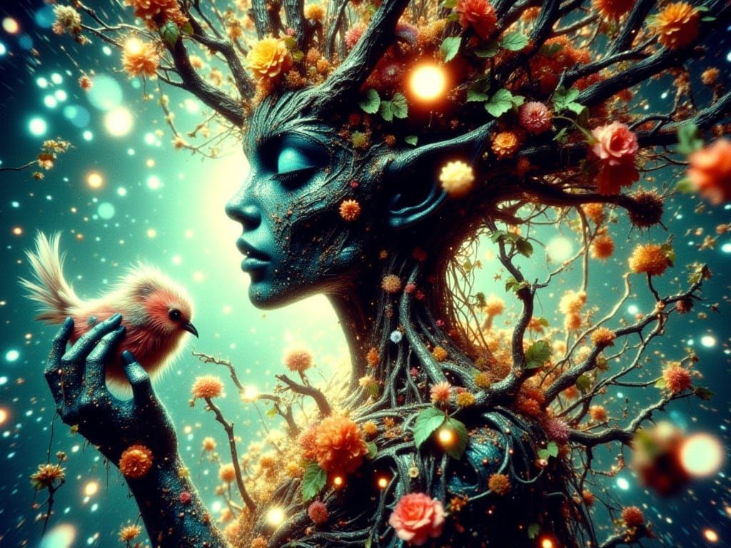 Fantasy Tree Ent with Electrical Energy and Vibrant Flowers