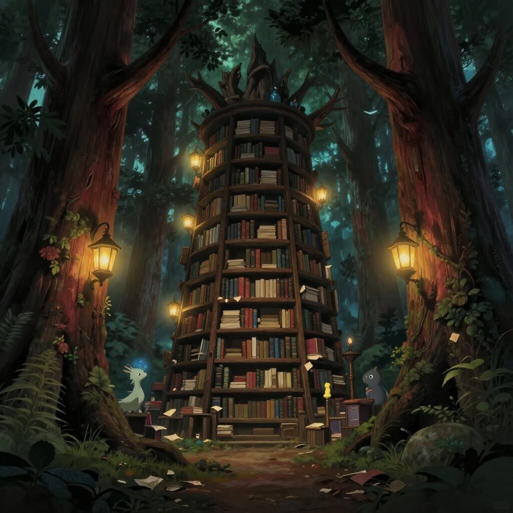 Enchanted Redwood Library with Glowing Lanterns