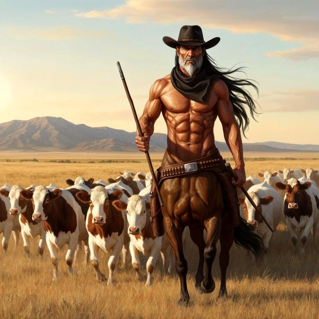 Centaur Cowboy Herds Cows Across Great Plains