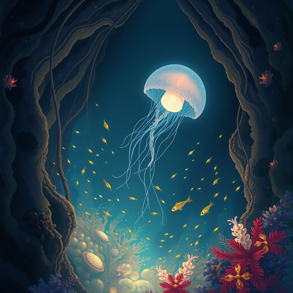Bioluminescent Jellyfish in Deep-Sea Trench: Ghibli-Inspired