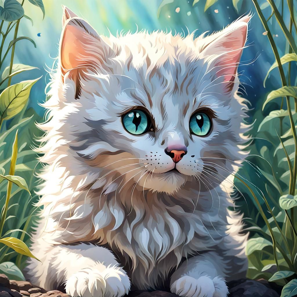 Adorable Kitten in Nature: Pastel Watercolor Ghibli Style