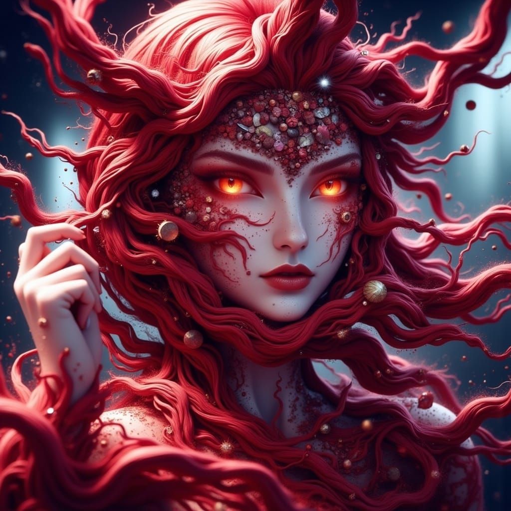 Metallic-Eyed Figure in Electric Red Hues