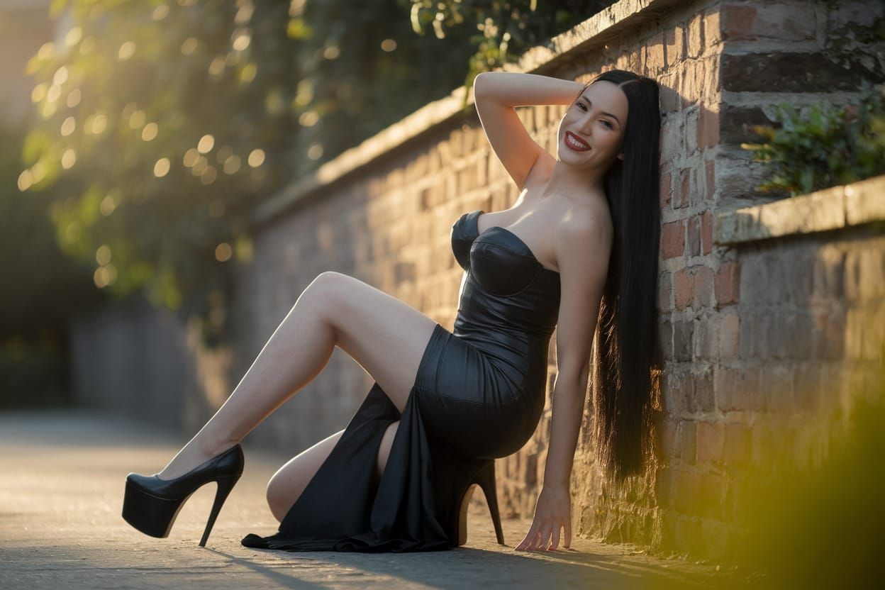 Mexican Woman Poses by Brick Wall in Golden Park Light